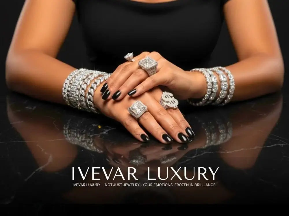 Close-up of hands wearing multiple rings and bracelets with 'IVEVAR LUXURY' branding.