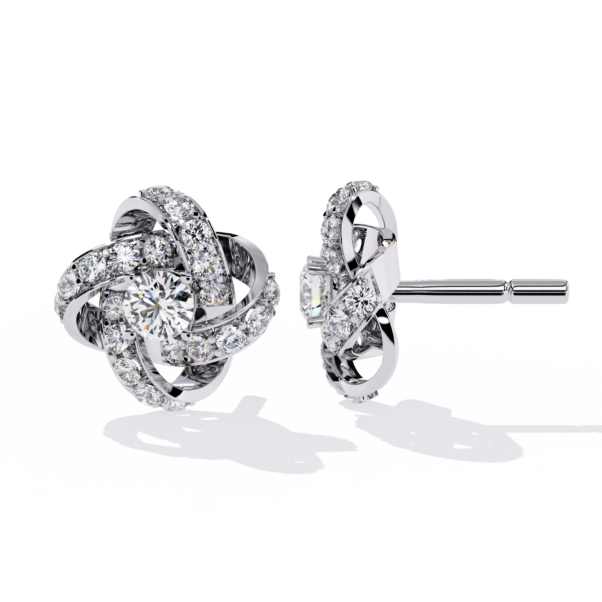 Intricate Floral Swirl Round Cut Lab Diamond Stud Earrings in Luxurious Gold Setting - View 4