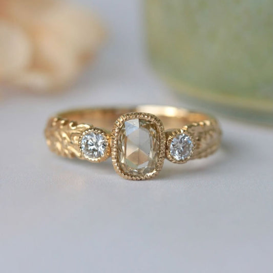 Cushion Rose Cut Vintage Three Stone Bezel Lab Diamond Engagement Ring - View 2