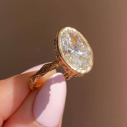 Vintage Vine Oval Cut Lab Diamond Bezel Set Engagement Ring - View 2