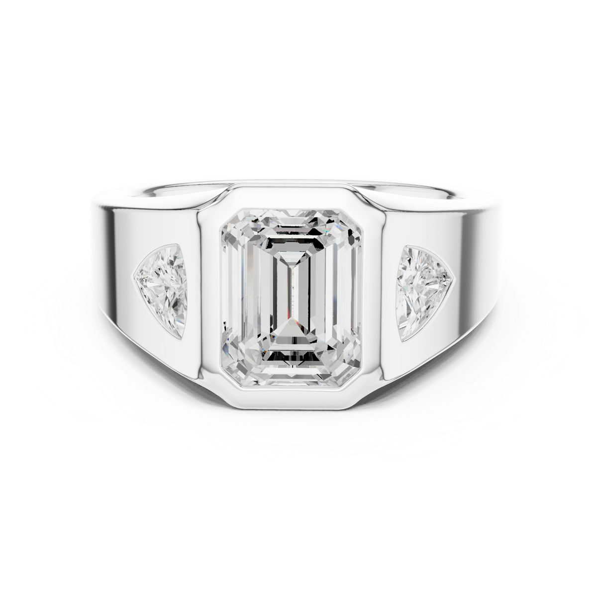 Emerald Cut Moissanite Diamond Signet Ring With Trillion Accents - View 3