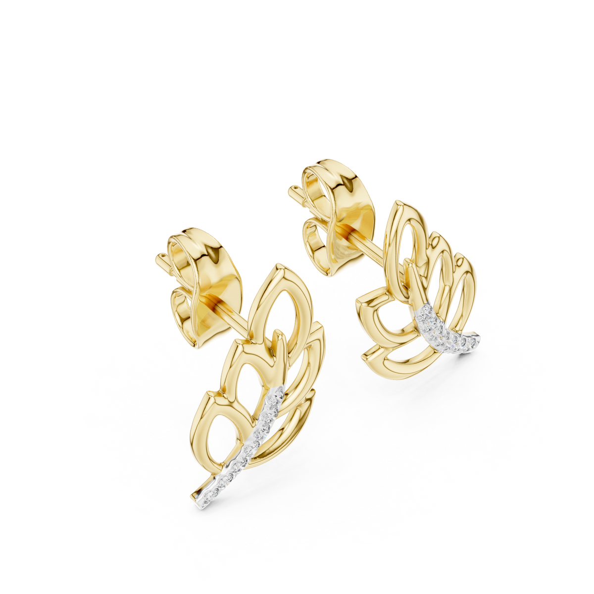 Gold Leaf Stud Earrings with Round Moissanite Diamond Accented Curve Nature Inspired - View 4