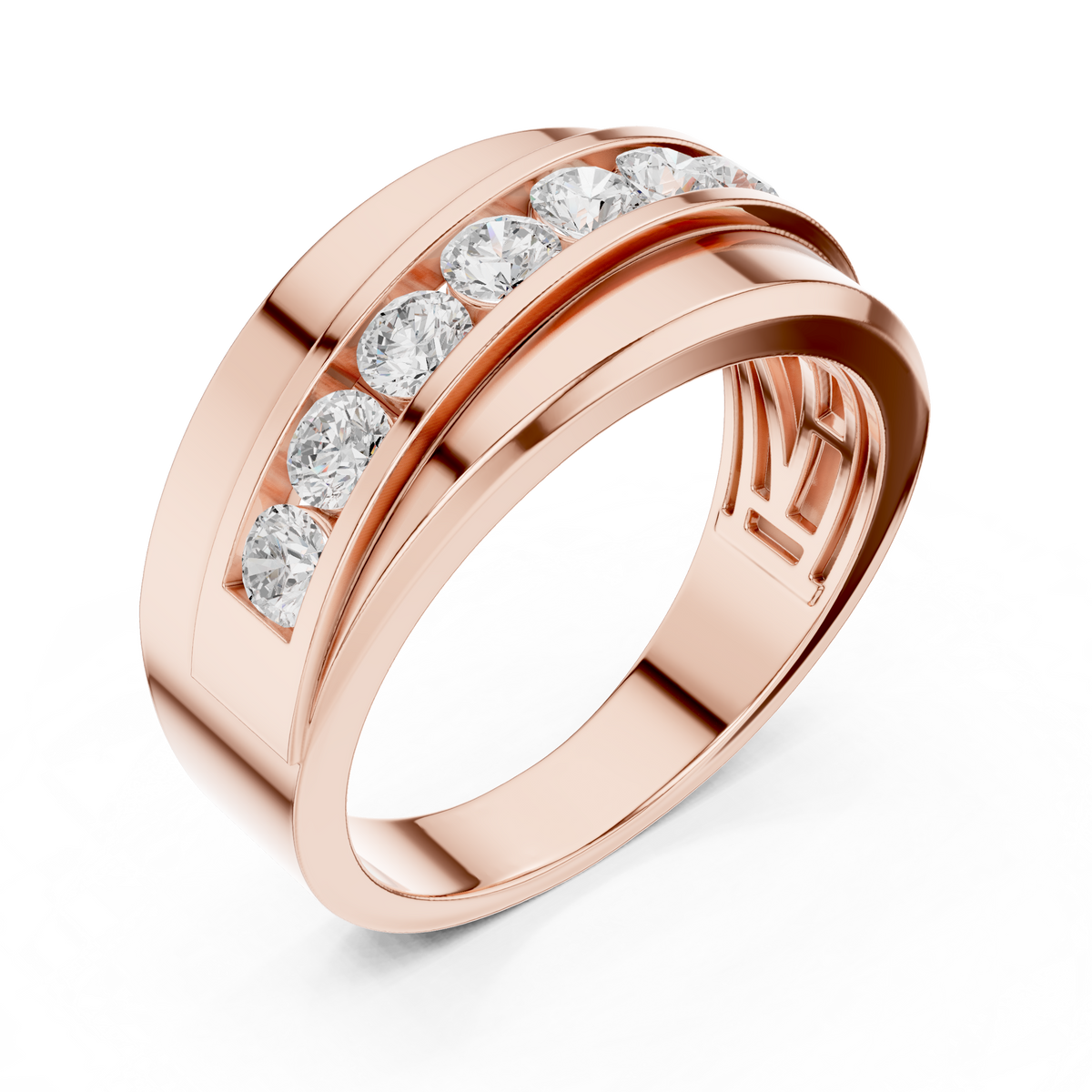 Round Cut Moissanite Diamond Men's Curved Swirl Channel Set Gold Band - View 5