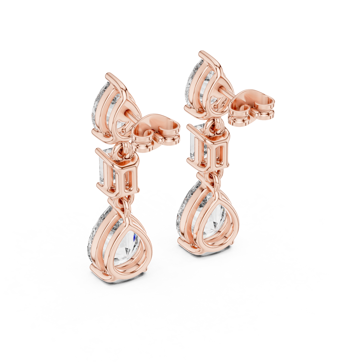 Three Stone Pear & Emerald Cut Lab Diamond Drop Stud Earrings with Vertical Design - View 11