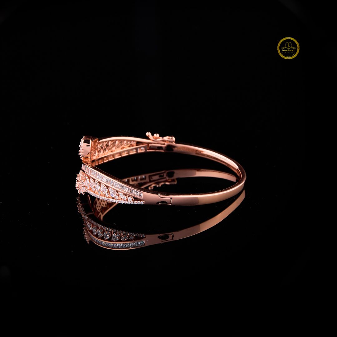 Baguette Emerald & Round Cut Moissanite Diamond Leaf Cluster Bypass Bangle - View 3