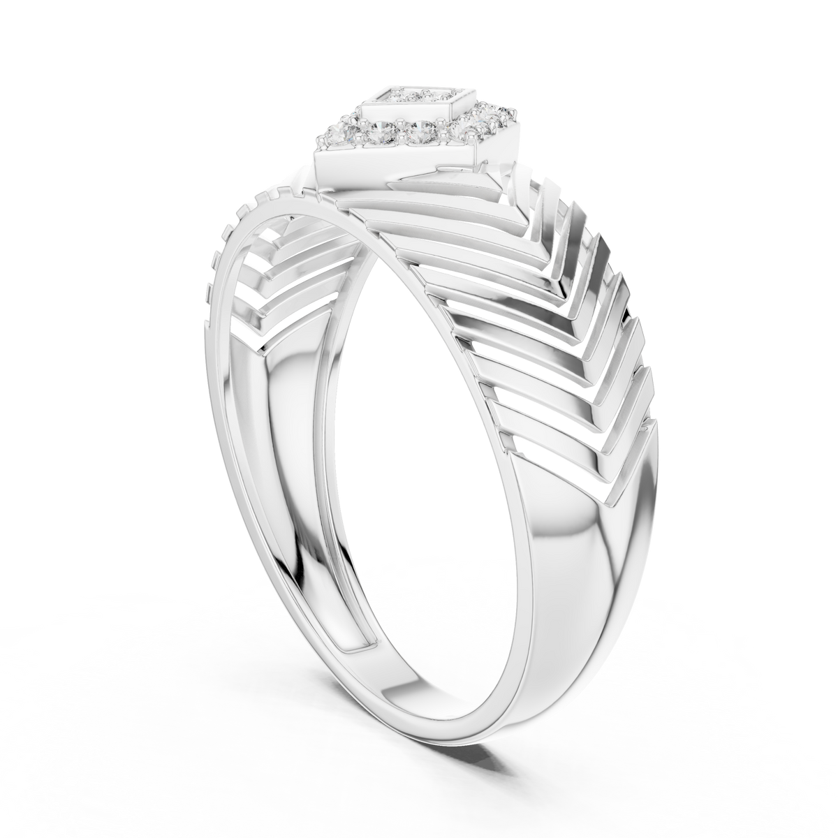 Round Moissanite Diamond Pavé Chevron Statement Ring - View 9