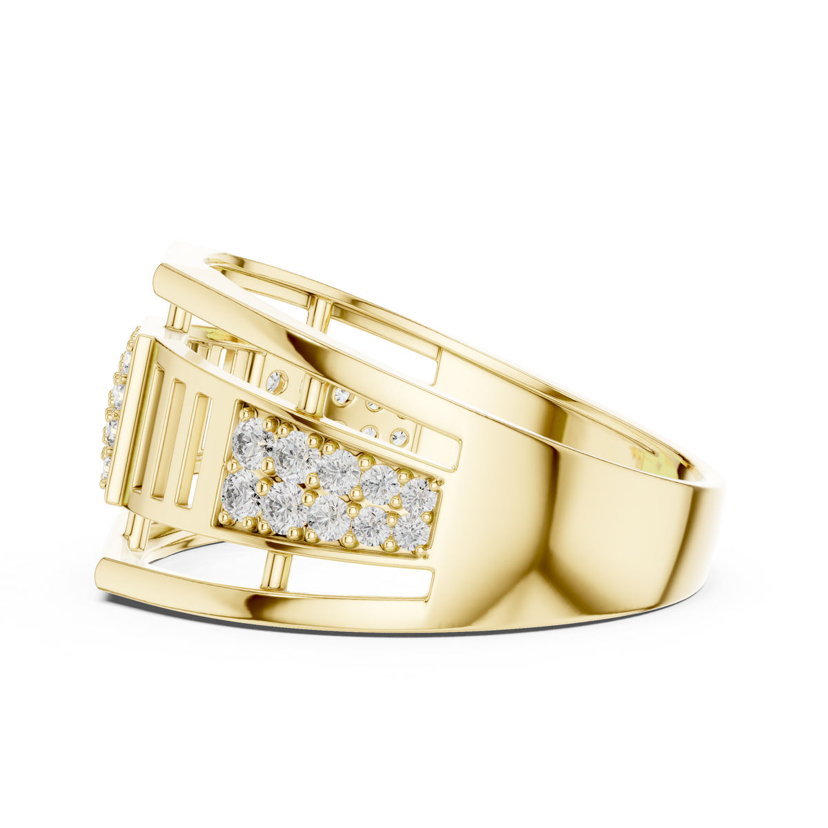 Round Cut Lab Grown Diamond Men's Pillar Cage Geometric Gold Statement Band - View 10