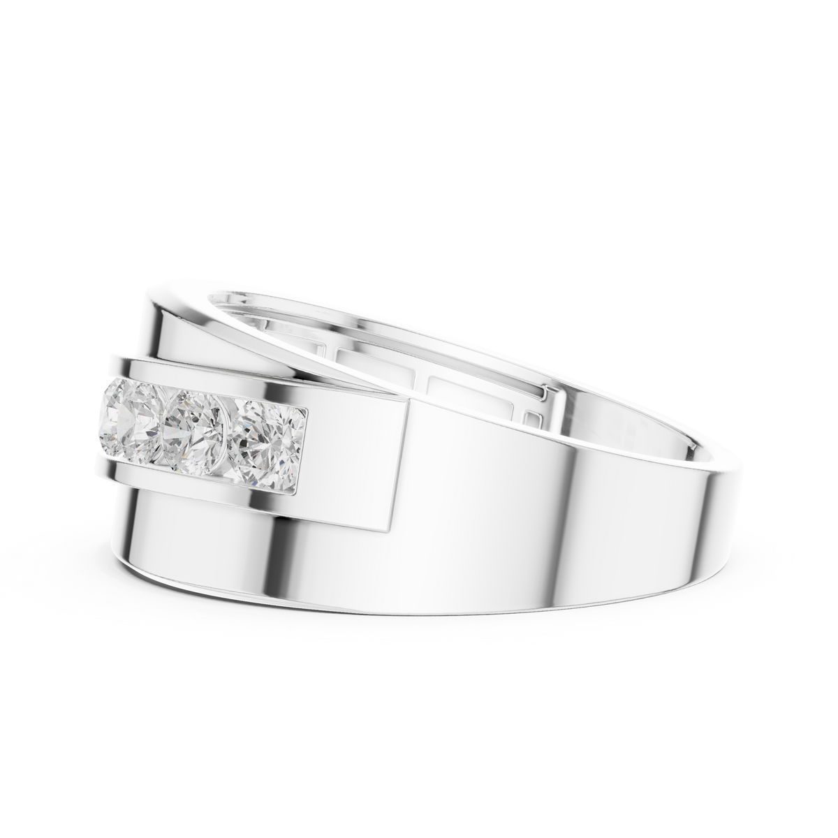 Round Cut Lab Grown Diamond Men's Curved Swirl Channel Set Gold Band - View 9