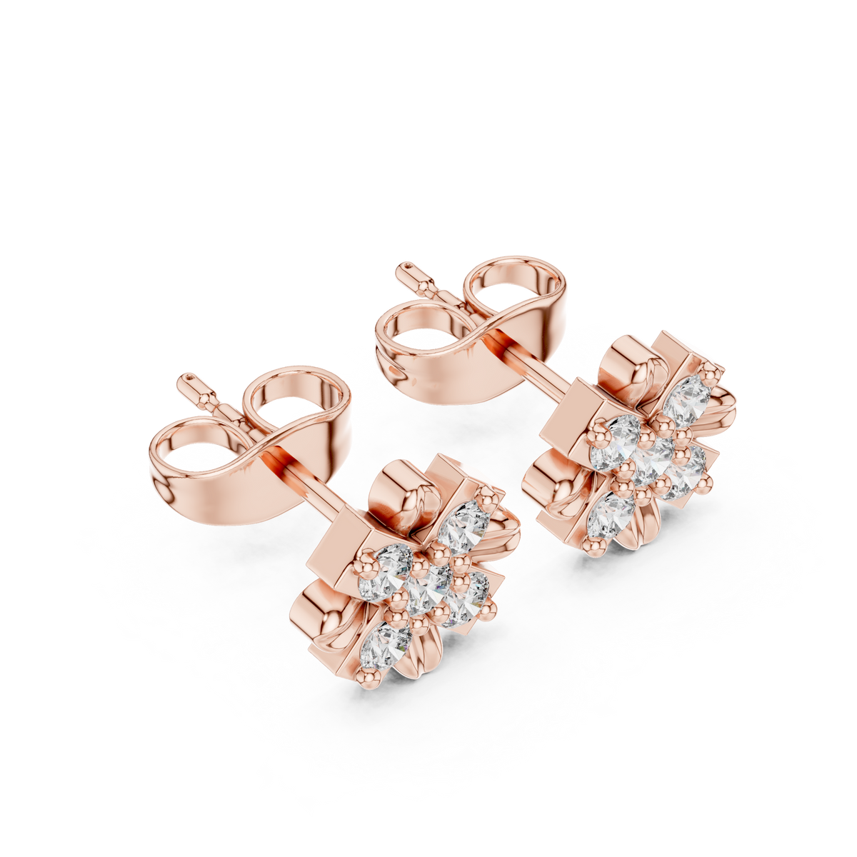 Floral Cross Round Lab Diamond Stud Earrings with Sculpted Petal Motif Cluster - View 5