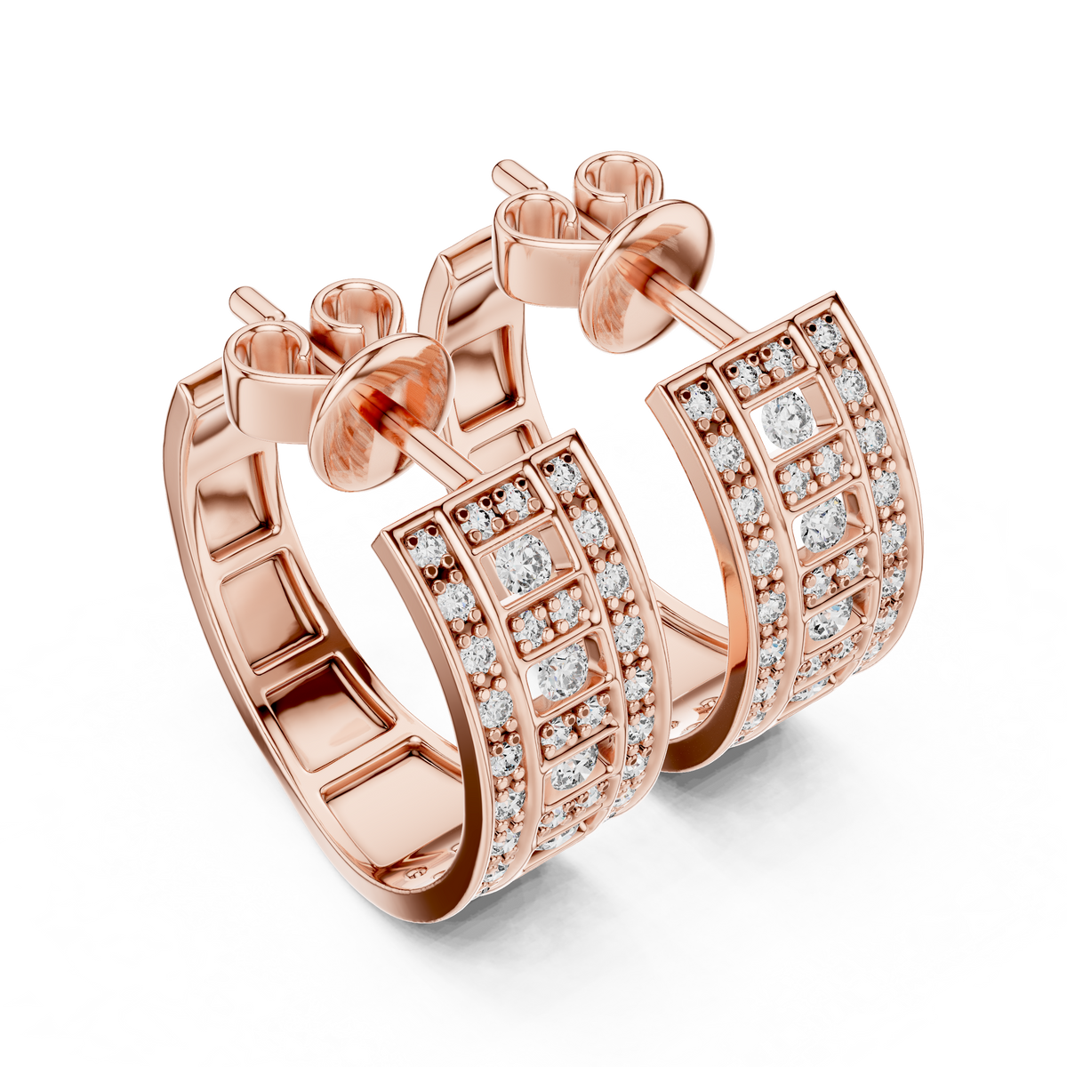 Round Lab Diamond Geometric Grid C Hoop Earrings with Micro Pavé Rows - View 5