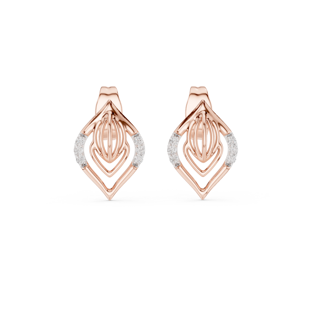 Layered Leaf Round Lab Diamond Geometric Stud Earrings with Pavé Detail - View 2