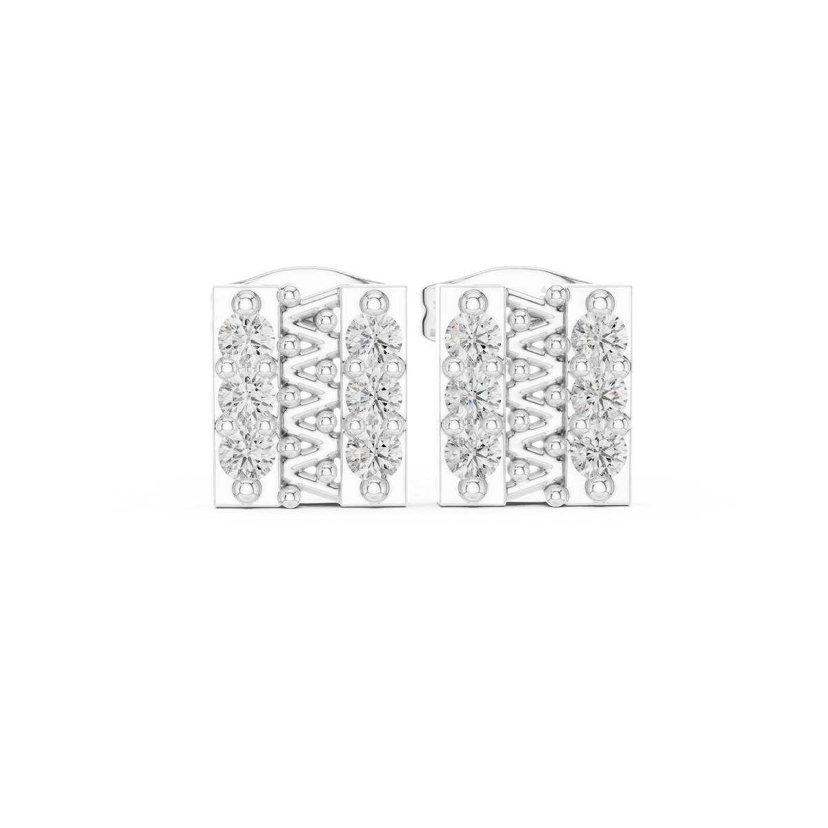 Sculpted Openwork Core Channel Style Grid Setting Round Moissanite Diamond Earrings - View 3