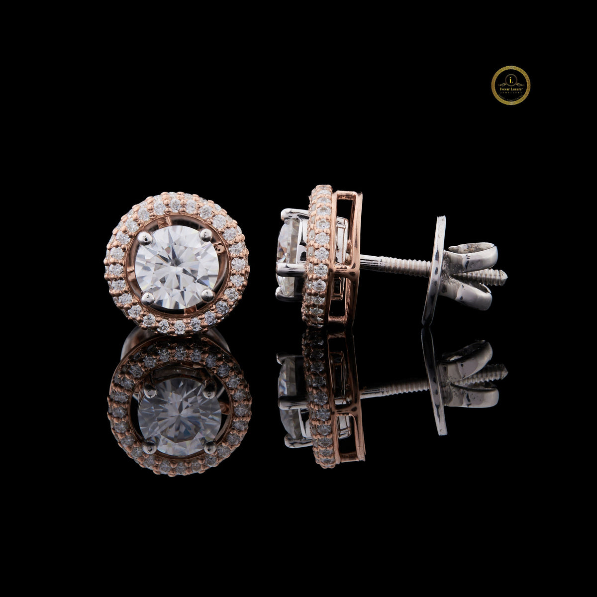 Luxury Double Halo Rose Gold Moissanite Stud Earrings with Round Brilliant Cut Center Stones - View 4