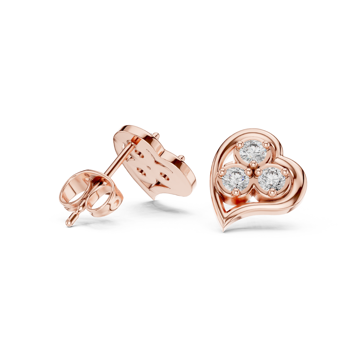 Three Stone Heart Round Brilliant Cut Lab Diamond Stud Earrings Trefoil Cluster - View 8