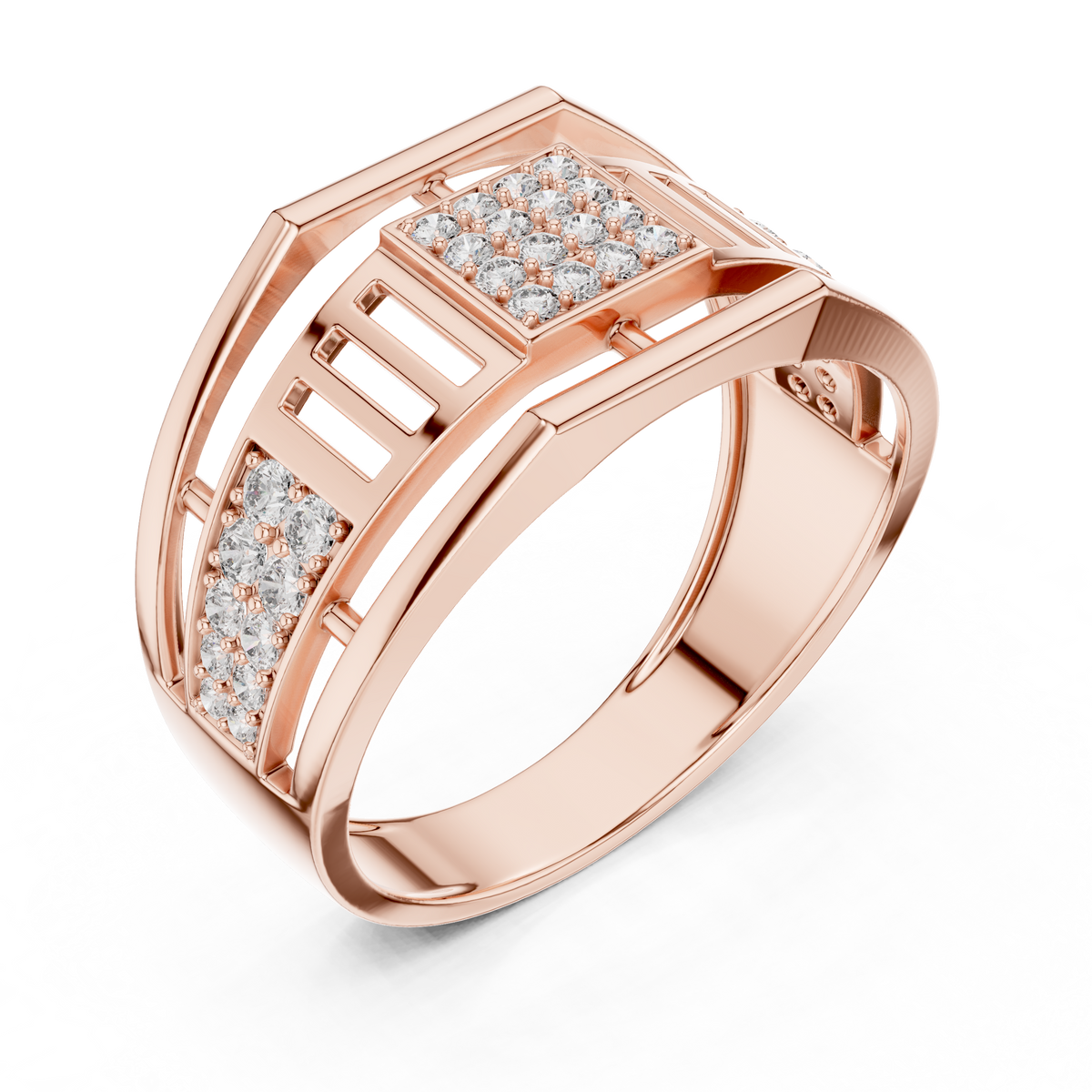 Round Cut Lab Grown Diamond Men's Pillar Cage Geometric Gold Statement Band - View 5