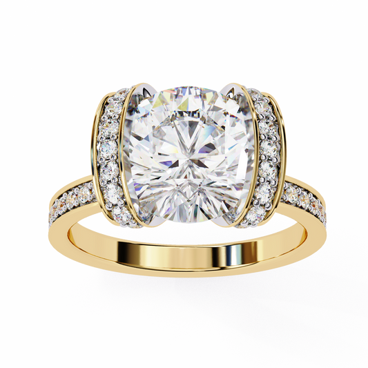 Round Cut Moissanite Diamond Ring with Pave Gallery and Accent Band - View 2
