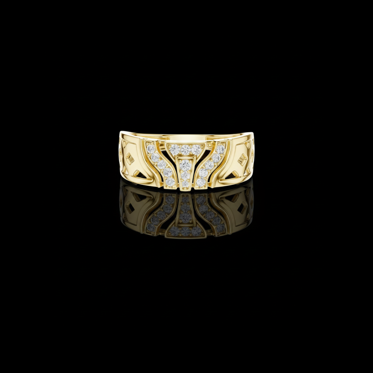 Round Cut Lab Grown Diamond Men's T Shield Pave Openwork Gold Ring