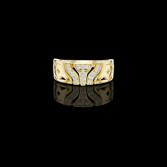 Round Cut Moissanite Diamond Men's T Shield Pave Openwork Gold Ring