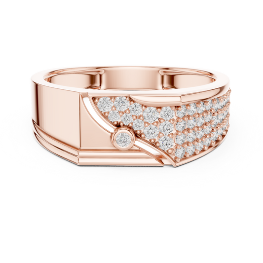 Round Cut Moissanite Diamond Men's Asymmetric Curved Pave Gold Signet Ring - View 2