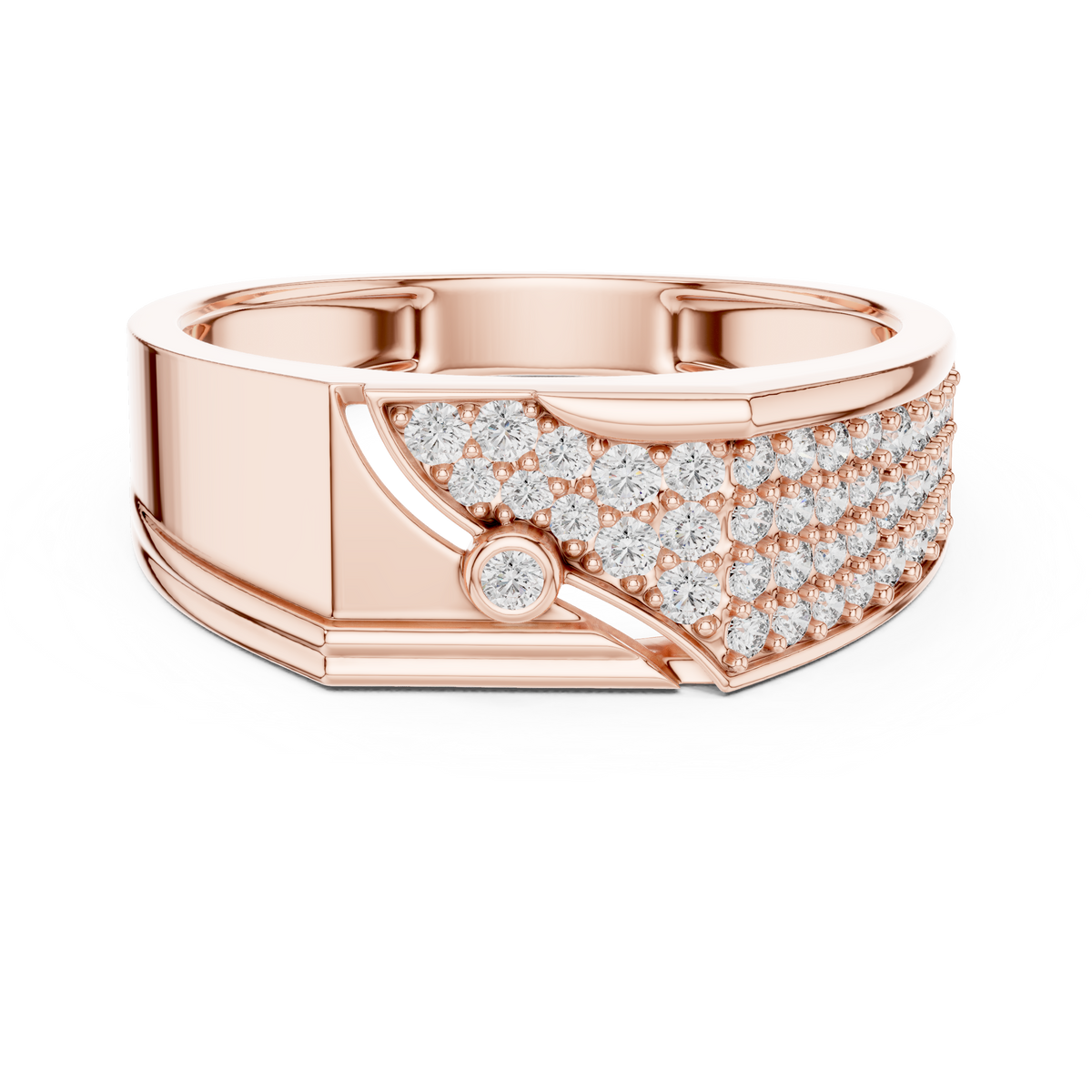 Round Cut Lab Grown Diamond Men's Asymmetric Curved Pave Gold Signet Ring - View 2
