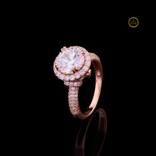 Round Halo Moissanite Ring with Triple Row Pave Band - View 2