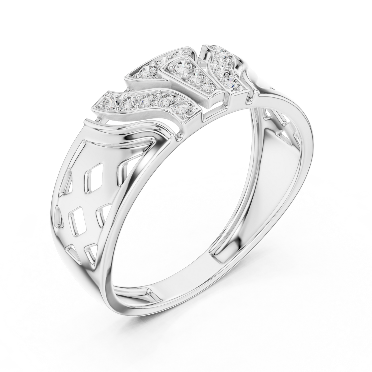 Round Cut Lab Grown Diamond Men's T Shield Pave Openwork Gold Ring - View 6