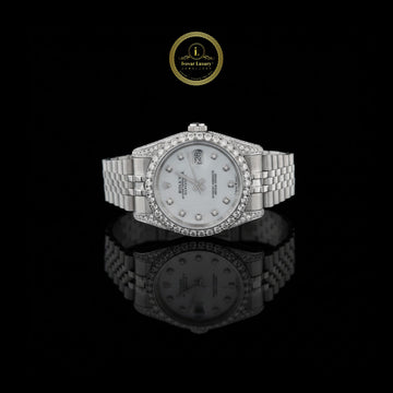 Luxury White Gold Lab Diamond Set Watch Featuring Mother-of-Pearl Face