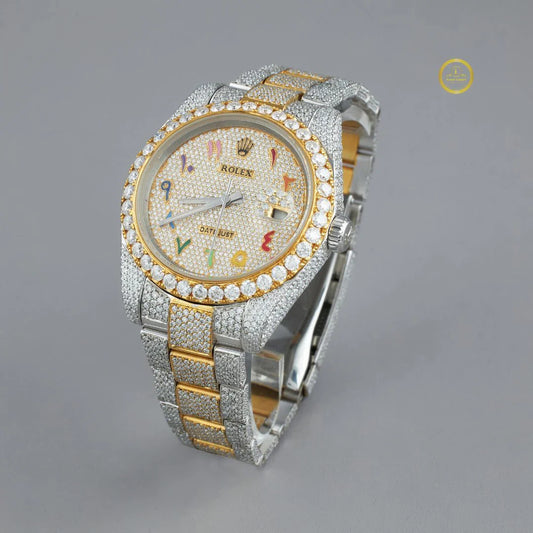 Exquisite Two-Tone Lab Diamond with Full Diamond Pavé, Vibrant Multicolor Numerals, and Gold-Trimmed Bracelet