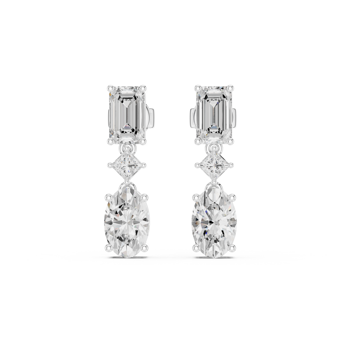 Three Stone Emerald Princess & Oval Lab Diamond Linear Drop Earrings - View 3