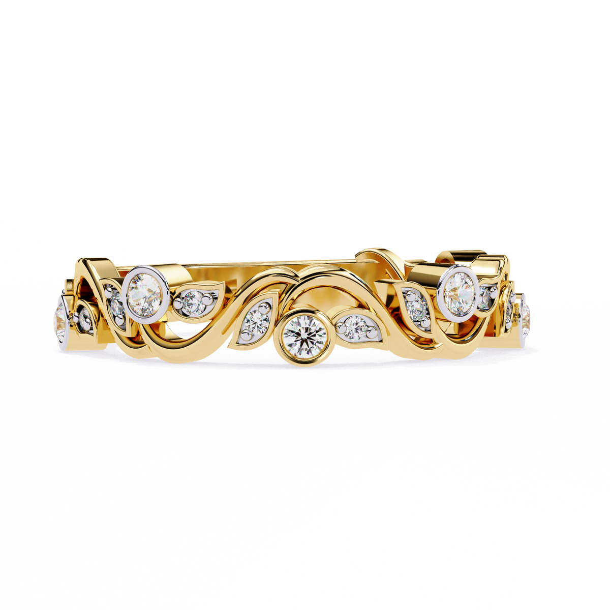 Round Moissanite Diamond Bezel Set Diamond Vine Design Band - View 2
