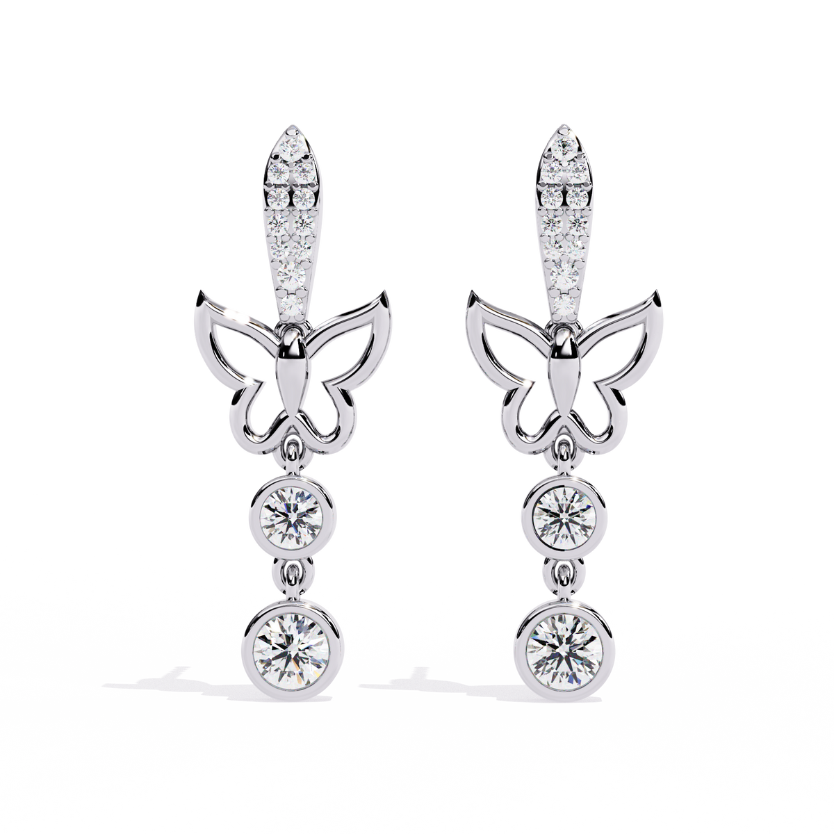 Elegant Butterfly Moissanite Diamond Drop Earrings with Pave Accents and Bezel Set Round Diamonds - View 3