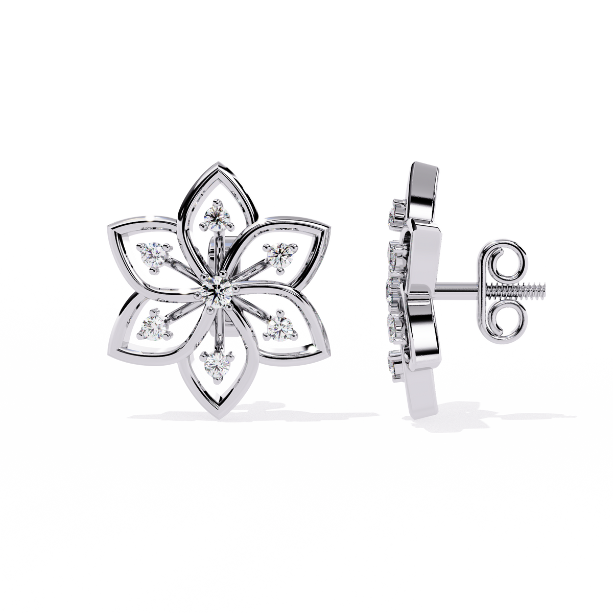 Lotus Lab Diamond Round Center Floral Stud Earrings with Round Side Stones - View 6
