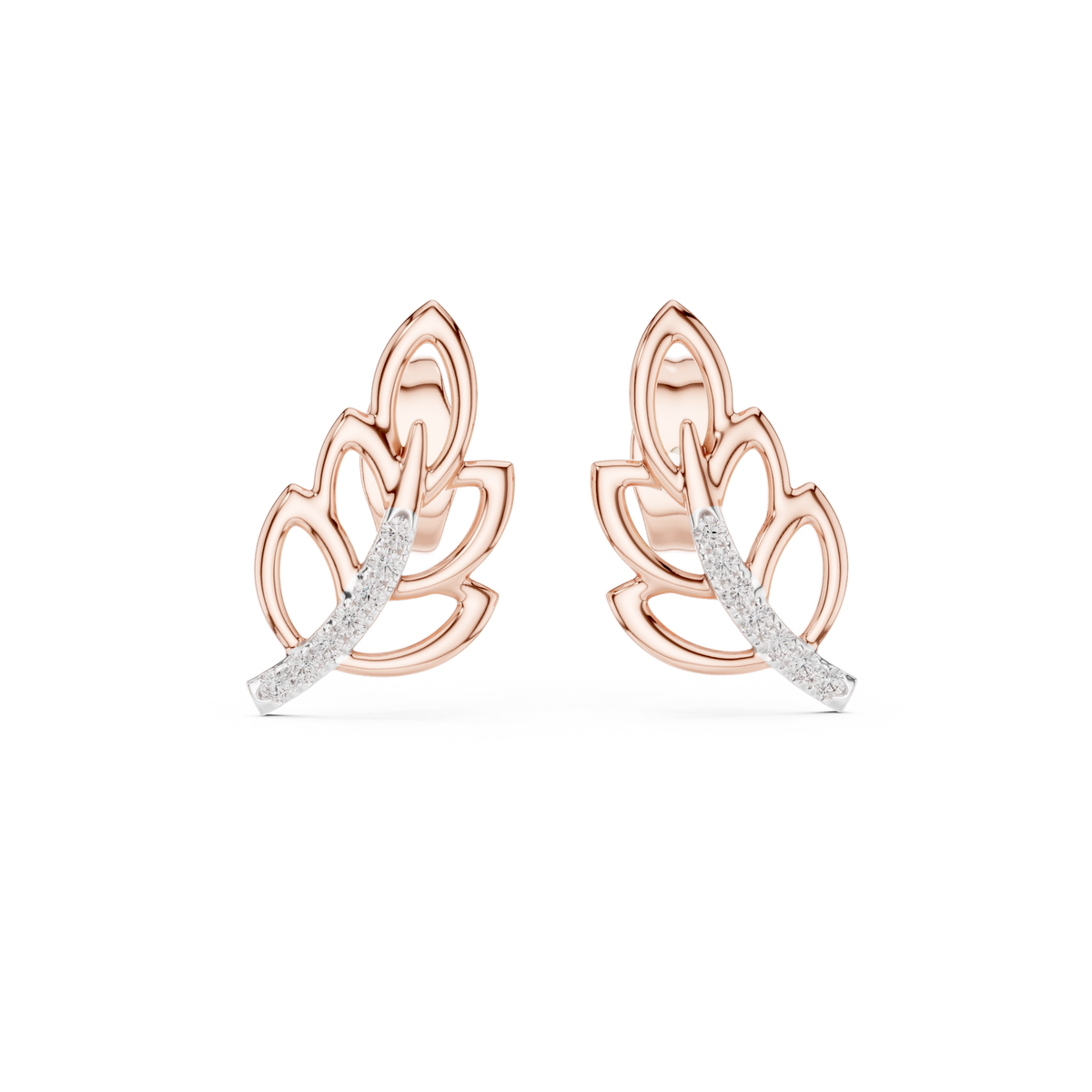Gold Leaf Stud Earrings with Round Lab Diamond Accented Curve Nature Inspired - View 2