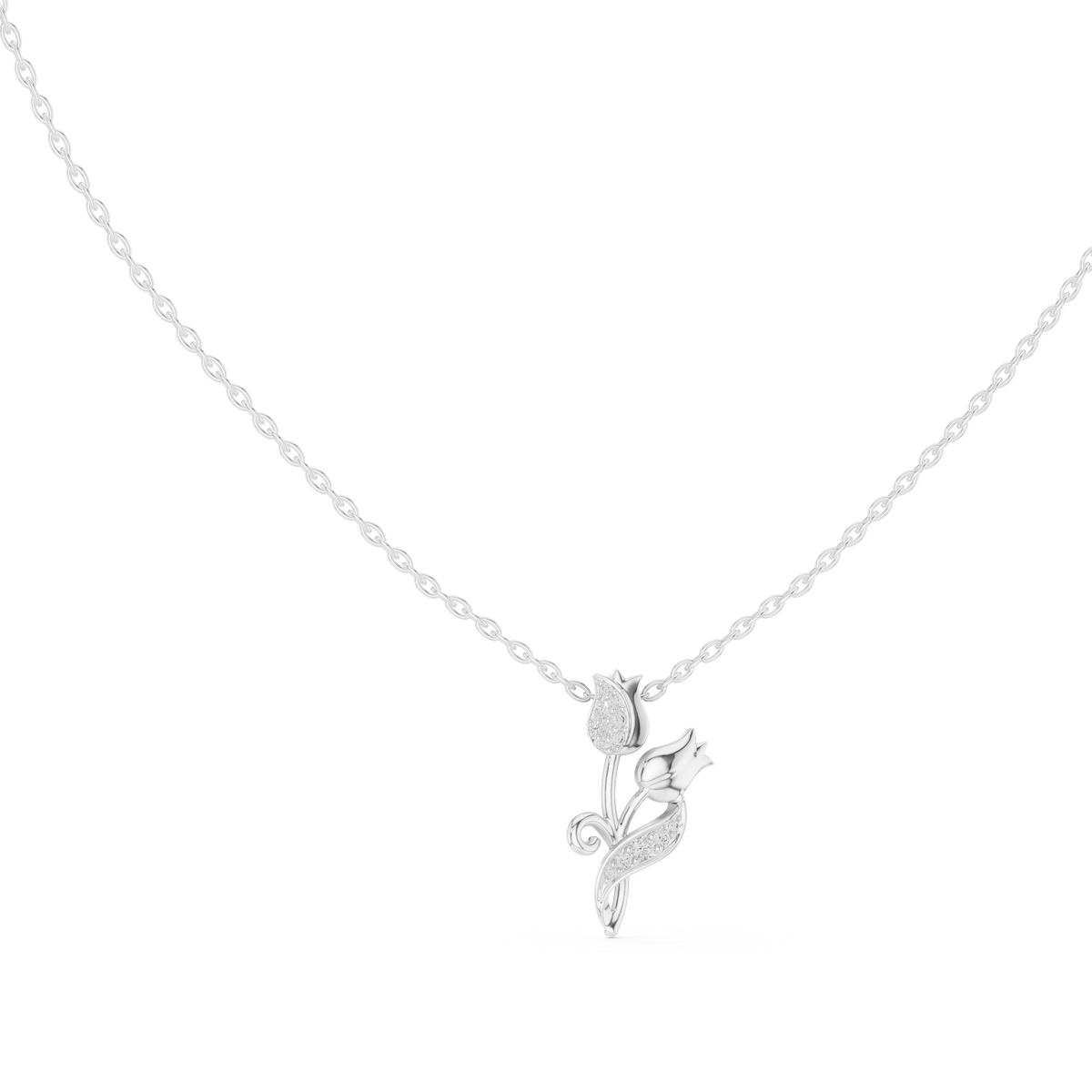 Dainty Twin Tulip Flower Round Lab Grown Diamond Accent Pendant - View 3