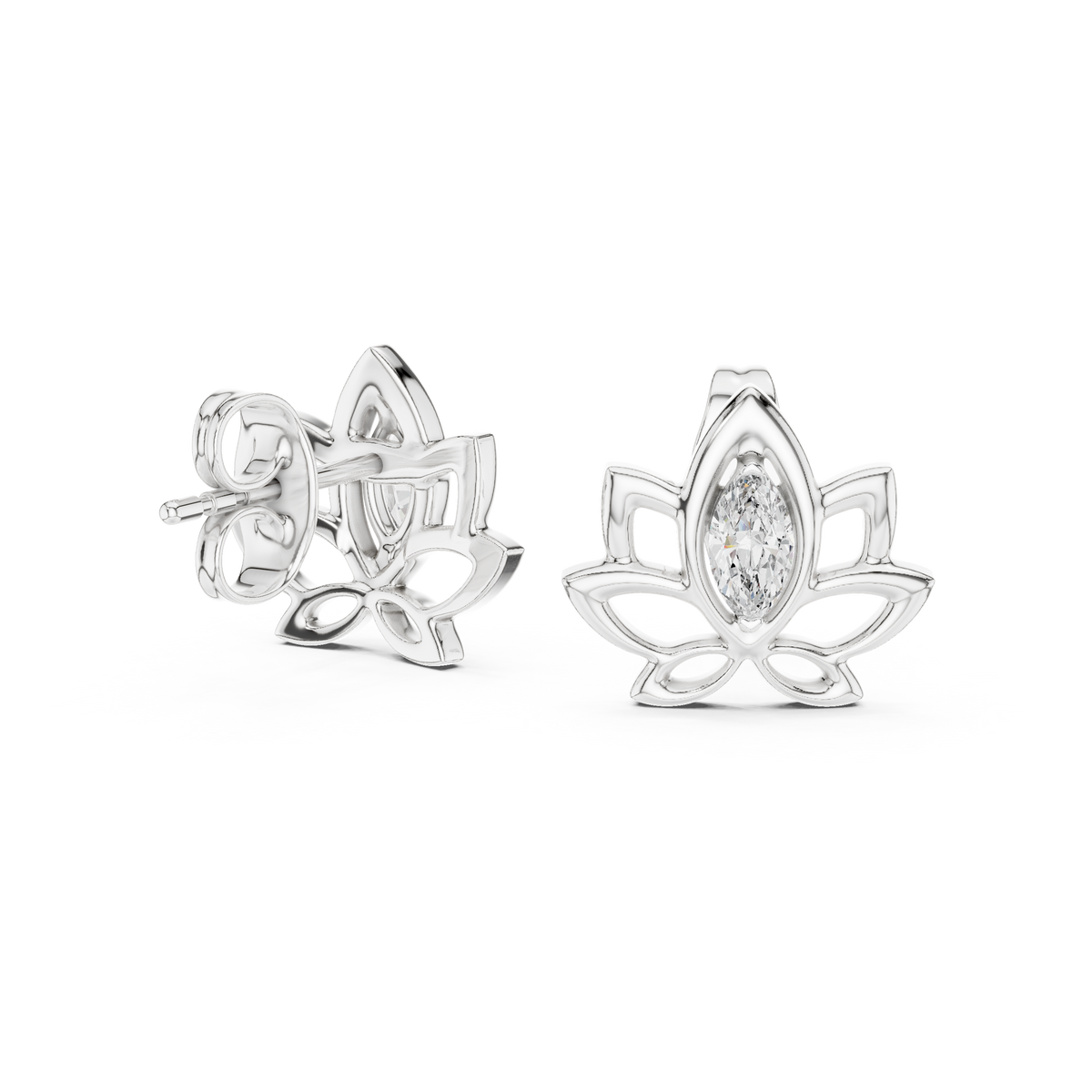 Lotus Flower Marquise Cut Moissanite Diamond Open Petal Stud Earrings - View 9