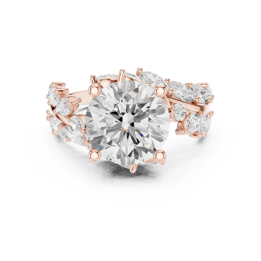 Round Brilliant Solitaire Ring with Marquise Moissanite Diamond Clusters - View 2