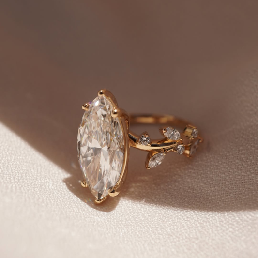 Nature Inspired Marquise Lab Diamond Ring With Leaf Accent - View 2
