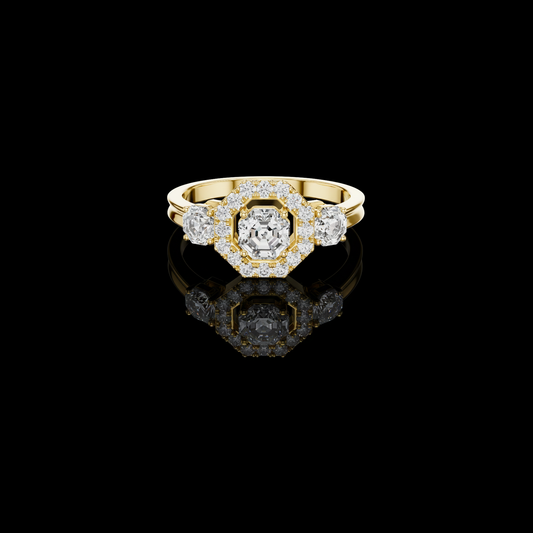 Three Stone Hexagonal Cut Lab Diamond Halo Engagement Ring