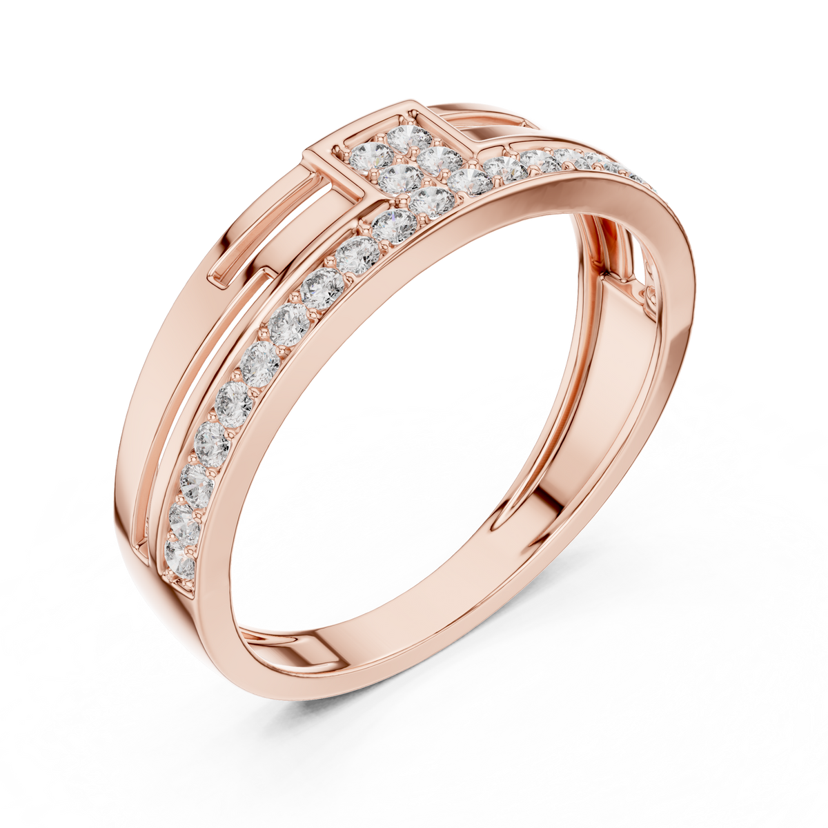 Round Cut Lab Grown Diamond Men's Square Cluster Pave Border Gold Band - View 5