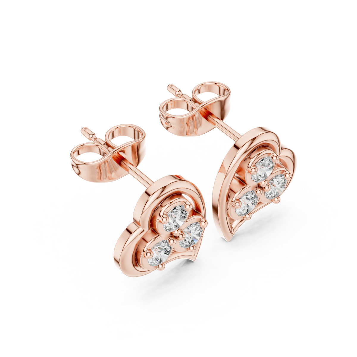 Three Stone Heart Round Brilliant Cut Lab Diamond Stud Earrings Trefoil Cluster - View 5