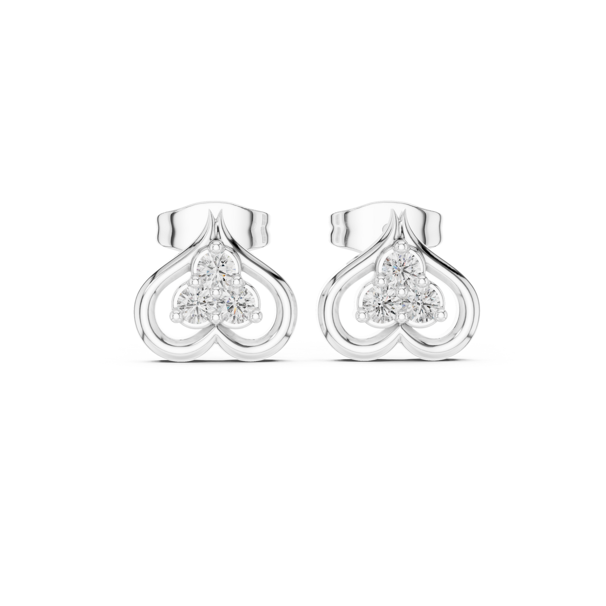 Clover Motif Round Moissanite Diamond Earrings Three Stone Open Loop Heart Studs - View 3