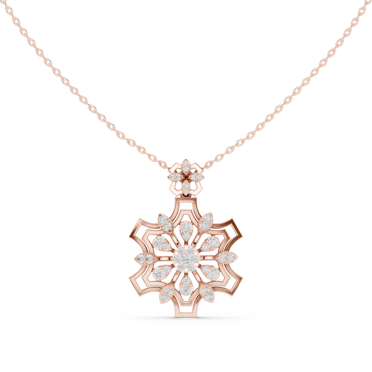 Round Moissanite Diamond Snowflake Floral Pendant Necklace - View 2