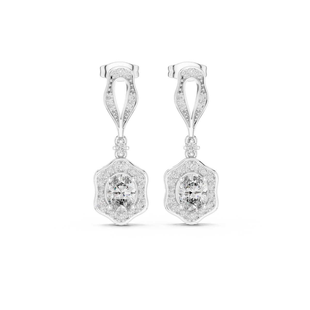Vintage Art Deco Drop Lab Grown Diamond Hexagonal Halo Earrings - View 3