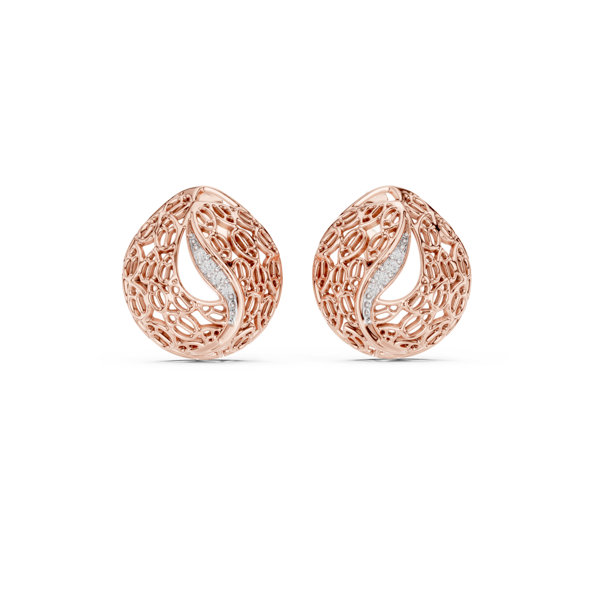 Artisan Filigree Wave Round Lab Diamond Stud Earrings with Curved Pave Accent - View 2