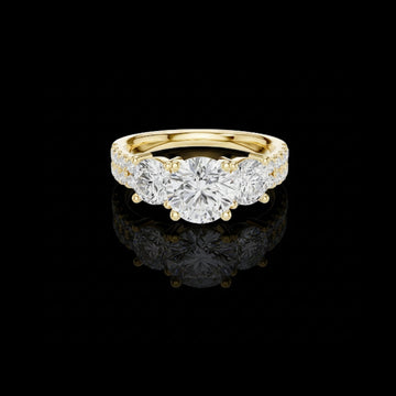 Three Stone Gold Ring Round Cut Lab Diamonds With Pave Accents