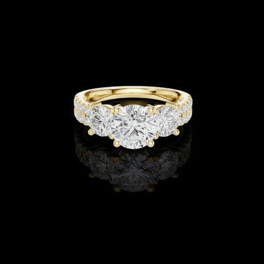 Three Stone Gold Ring Round Cut Lab Diamonds With Pave Accents