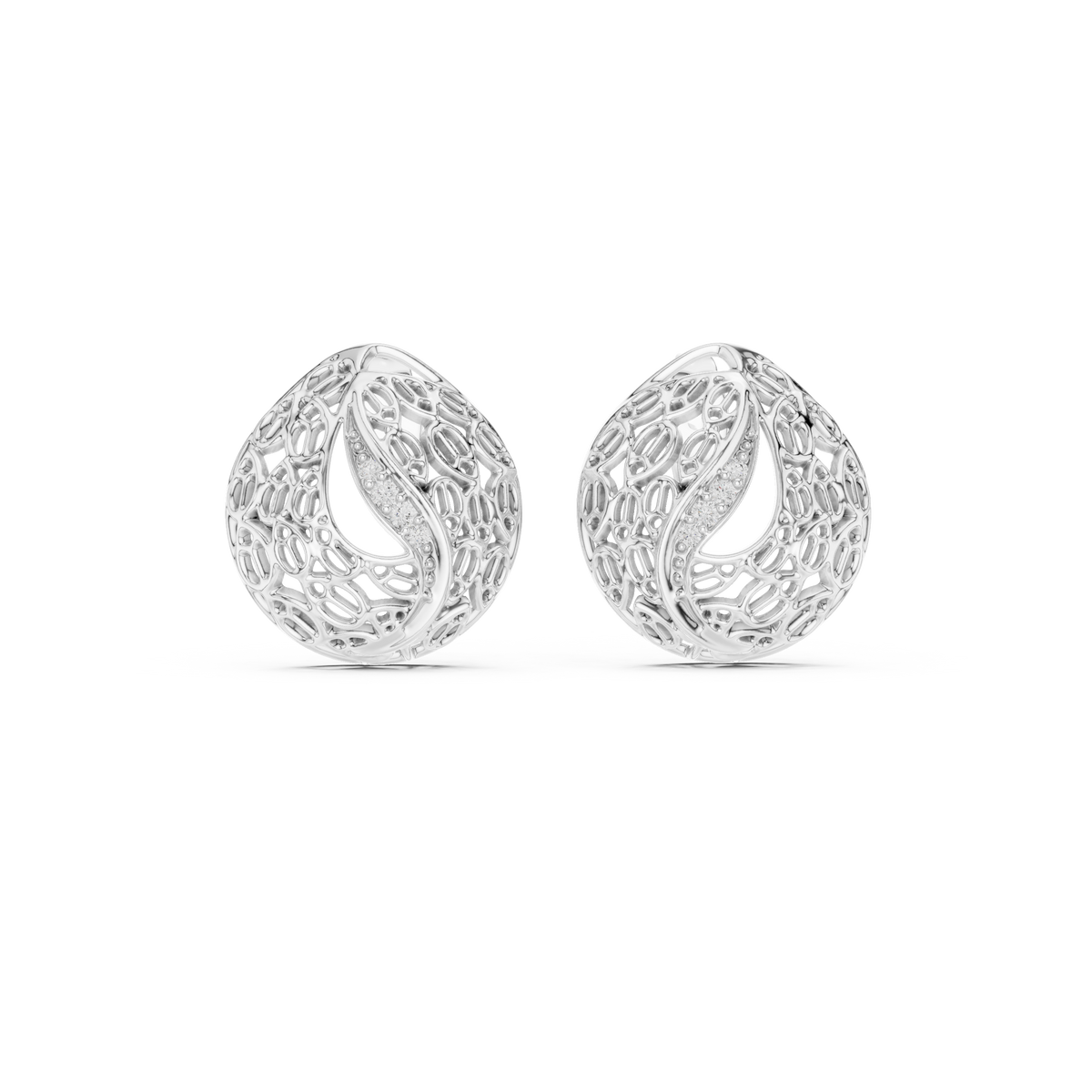 Artisan Filigree Wave Round Lab Diamond Stud Earrings with Curved Pave Accent - View 3