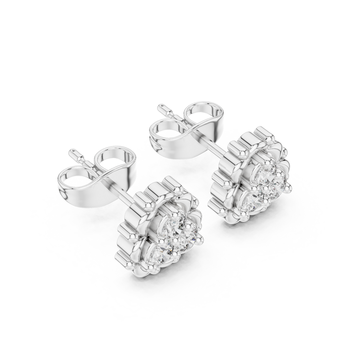 Vintage Floral Round Moissanite Diamond Cluster Stud Earrings with Beaded Halo Design - View 6