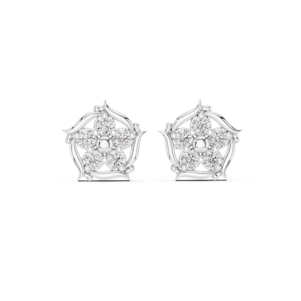 Delicate Floral Round Moissanite Diamond Cluster Stud Earrings - View 3