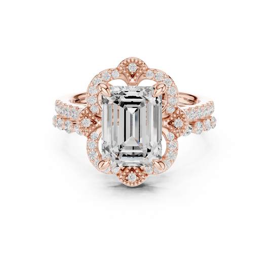 Vintage Inspired Emerald Cut Moissanite Diamond Ring Scalloped Halo - View 2